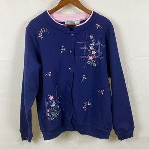 NWT Shenanigans Floral Cottagecore Navy/Pink Spring Full Button Up Sweater Large